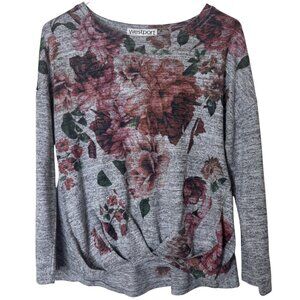 Westport Petite M Top Gray Floral Twist Front Long Sleeve Blouse Casual Stretch